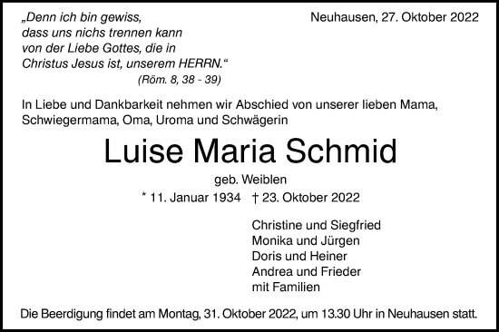 Traueranzeige von Luise Maria Schmid von Metzinger-Uracher Volksblatt