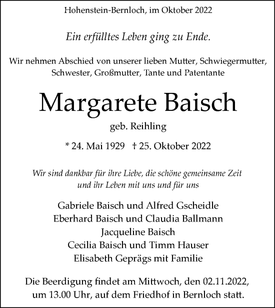 Traueranzeige von Margarete Baisch von Alb-Bote/Metzinger-Uracher Volksblatt