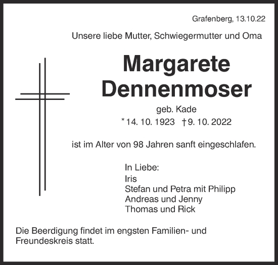 Traueranzeige von Margarete Dennenmoser von Metzinger-Uracher Volksblatt