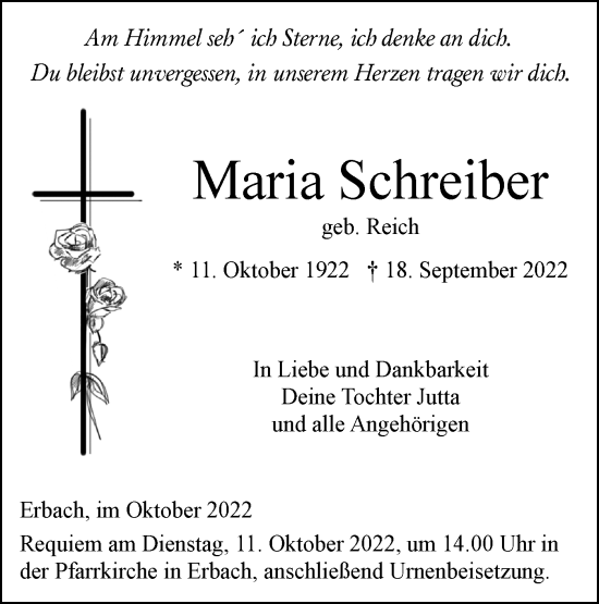 Traueranzeige von Maria Schreiber von SÜDWEST PRESSE Ausgabe Ulm/Neu-Ulm