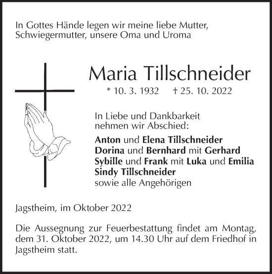 Traueranzeige von Maria Tillschneider von Hohenloher Tagblatt