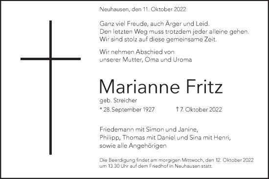 Traueranzeige von Marianne Fritz von Metzinger-Uracher Volksblatt