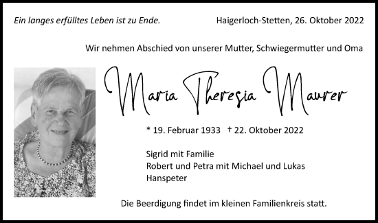 Traueranzeige von Maria Theresia Maurer von Metzinger-Uracher Volksblatt