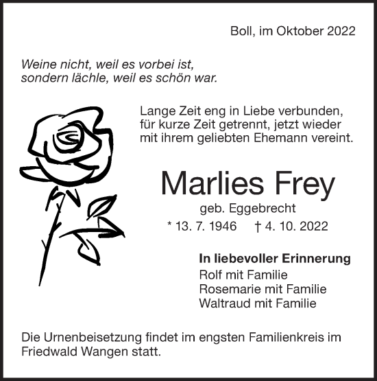 Traueranzeige von Marlies Frey von NWZ Neue Württembergische Zeitung