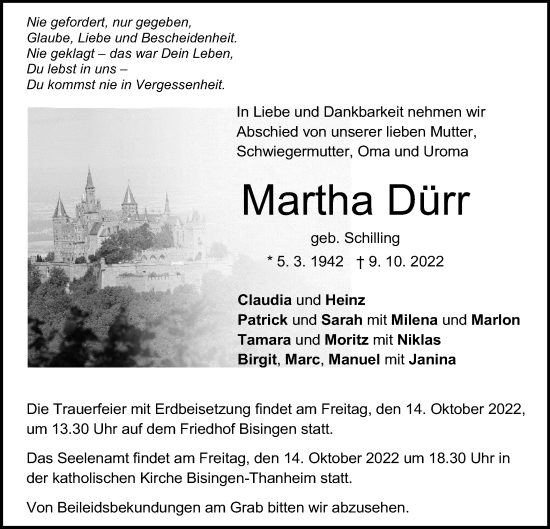 Traueranzeige von Martha Dürr von Metzinger-Uracher Volksblatt