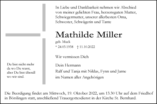 Traueranzeige von Mathilde Miller von SÜDWEST PRESSE Ausgabe Ulm/Neu-Ulm