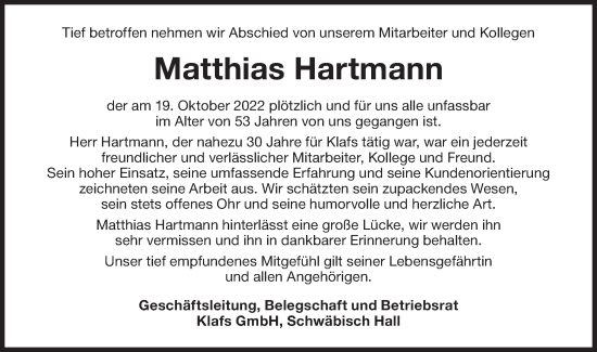 Traueranzeige von Matthias Hartmann von Haller Tagblatt