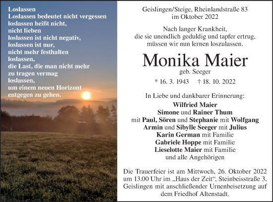 Traueranzeige von Monika Maier von Geislinger Zeitung