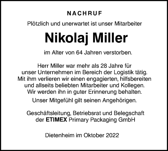 Traueranzeige von Nikolaj Miller von SÜDWEST PRESSE Ausgabe Ulm/Neu-Ulm