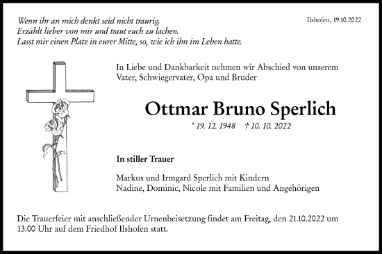 Traueranzeige von Ottmar Bruno Sperlich von Hohenloher Tagblatt