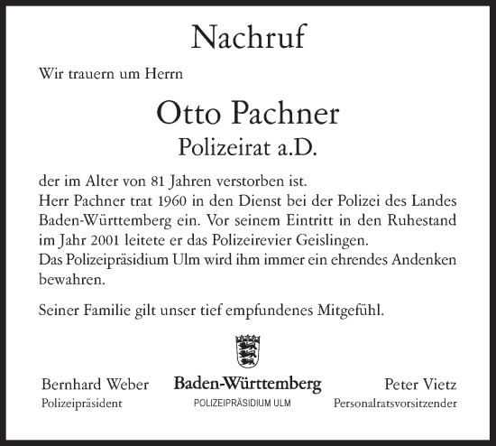 Traueranzeige von Otto Pachner von Geislinger Zeitung