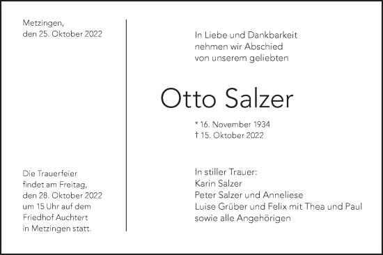 Traueranzeige von Otto Salzer von Metzinger-Uracher Volksblatt