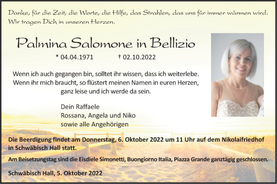 Traueranzeige von Palmina Salomone in Bellizio von Haller Tagblatt