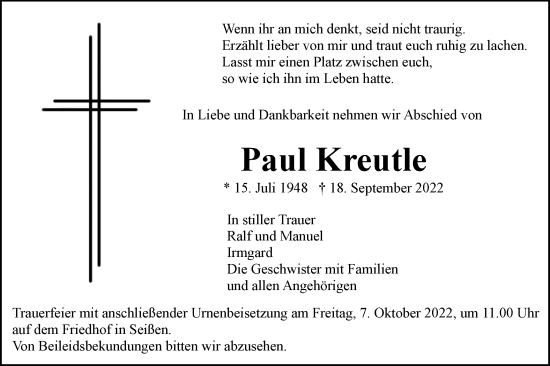 Traueranzeige von Paul Kreutle von SÜDWEST PRESSE Ausgabe Ulm/Neu-Ulm