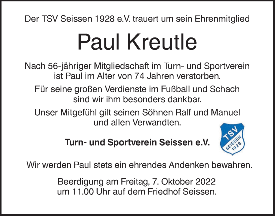 Traueranzeige von Paul Kreutle von SÜDWEST PRESSE Ausgabe Ulm/Neu-Ulm