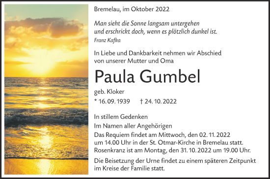 Traueranzeige von Paula Gumbel von Alb-Bote/Metzinger-Uracher Volksblatt