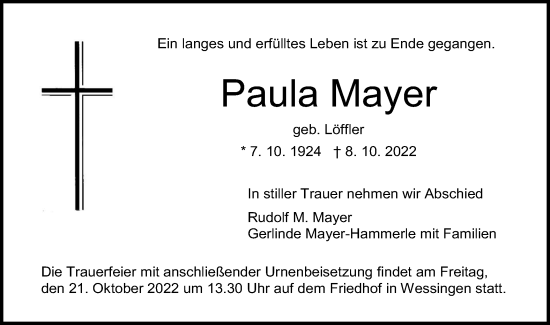 Traueranzeige von Paula Mayer von Metzinger-Uracher Volksblatt