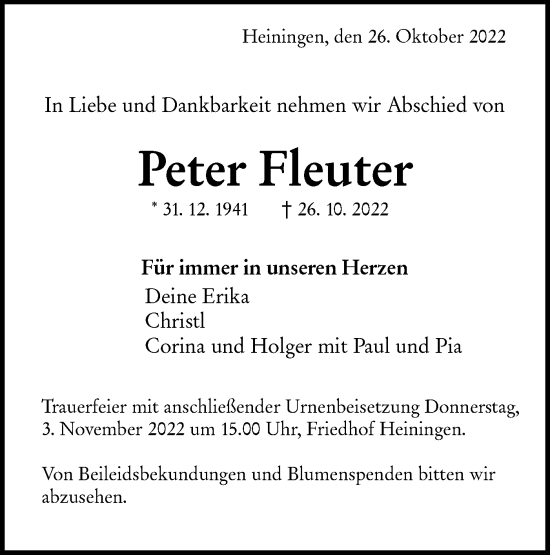 Traueranzeige von Peter Fleuter von NWZ Neue Württembergische Zeitung