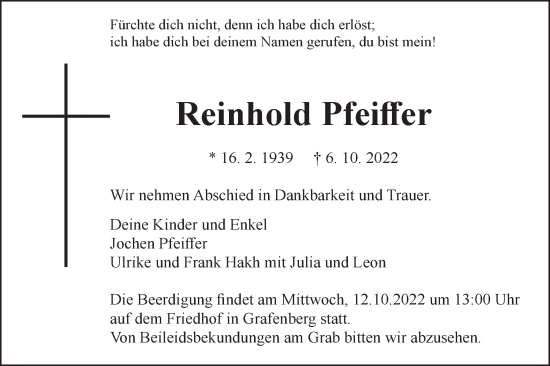 Traueranzeige von Reinhold Pfeiffer von Metzinger-Uracher Volksblatt