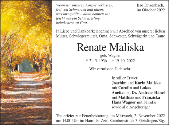 Traueranzeige von Renate Maliska von Geislinger Zeitung