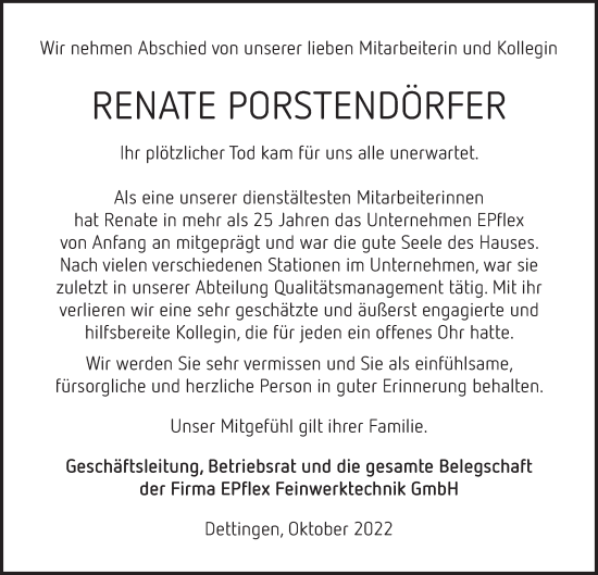 Traueranzeige von Renate Porstendörfer von Metzinger-Uracher Volksblatt