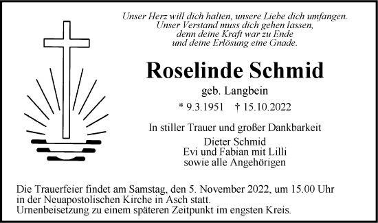 Traueranzeige von Roselinde Schmid von SÜDWEST PRESSE Ausgabe Ulm/Neu-Ulm