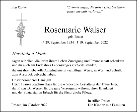 Traueranzeige von Rosemarie Walser von SÜDWEST PRESSE Ausgabe Ulm/Neu-Ulm