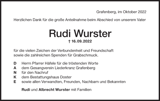 Traueranzeige von Rudi Wurster von Metzinger-Uracher Volksblatt