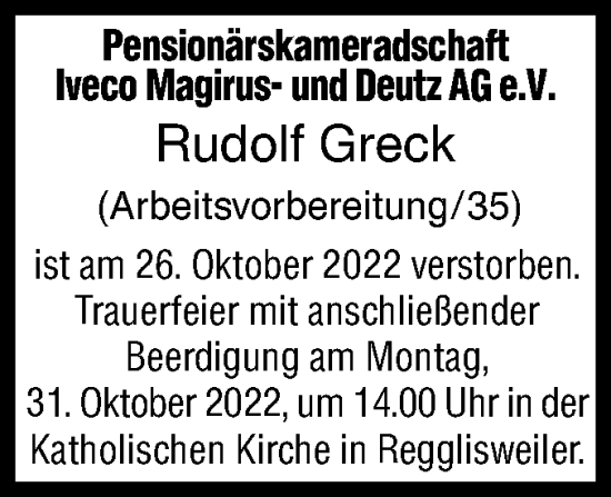 Traueranzeige von Rudolf Greck von SÜDWEST PRESSE Ausgabe Ulm/Neu-Ulm