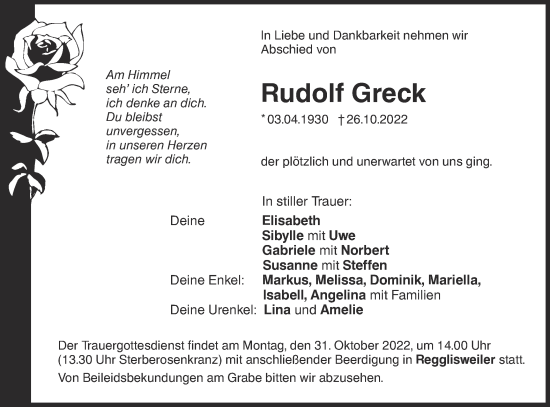 Traueranzeige von Rudolf Greck von SÜDWEST PRESSE Ausgabe Ulm/Neu-Ulm