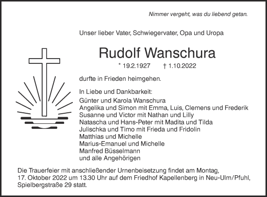 Traueranzeige von Rudolf Wanschura von SÜDWEST PRESSE Ausgabe Ulm/Neu-Ulm