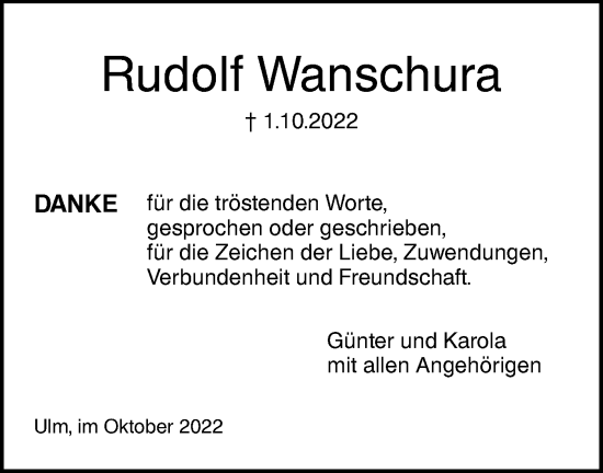 Traueranzeige von Rudolf Wanschura von SÜDWEST PRESSE Ausgabe Ulm/Neu-Ulm