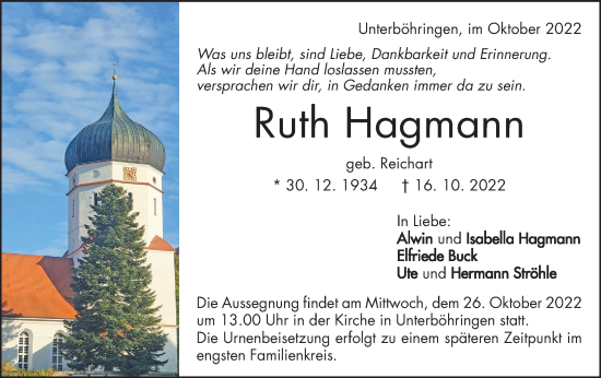 Traueranzeige von Ruth Hagmann von Geislinger Zeitung