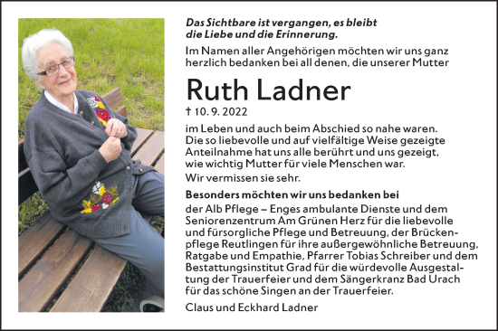 Traueranzeige von Ruth Ladner von Metzinger-Uracher Volksblatt