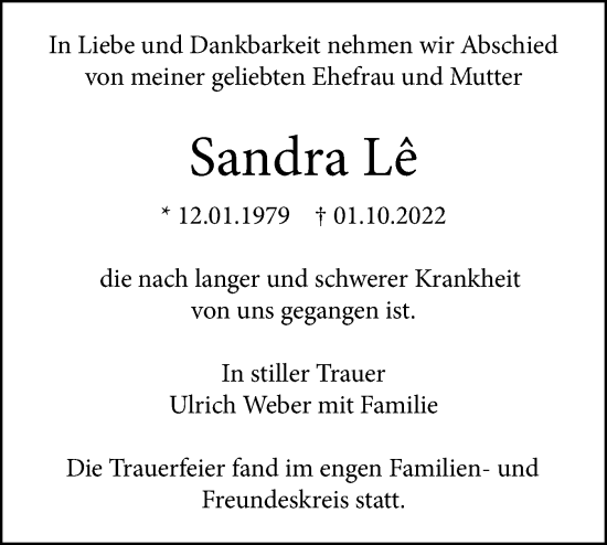 Traueranzeige von Sandra Le  von SÜDWEST PRESSE Ausgabe Ulm/Neu-Ulm