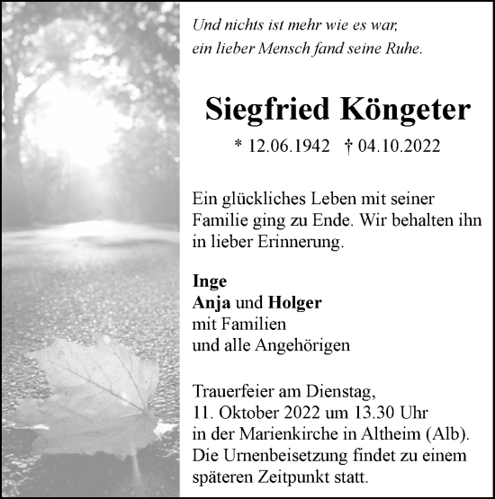 Traueranzeige von Siegfried Köngeter von SÜDWEST PRESSE Ausgabe Ulm/Neu-Ulm