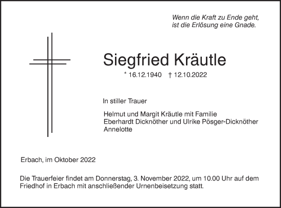 Traueranzeige von Siegfried Kräutle von SÜDWEST PRESSE Ausgabe Ulm/Neu-Ulm