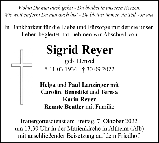 Traueranzeige von Sigrid Reyer von SÜDWEST PRESSE Ausgabe Ulm/Neu-Ulm