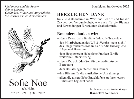 Traueranzeige von Sofie Noe von Hohenloher Tagblatt