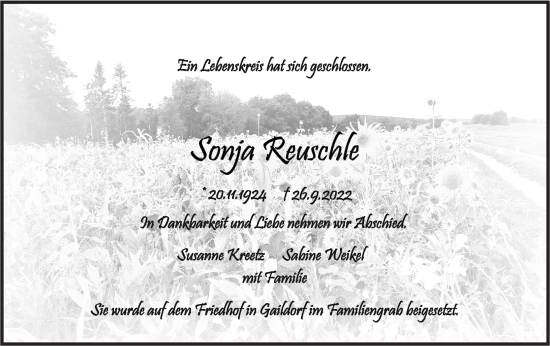 Traueranzeige von Sonja Reuschle von Rundschau Gaildorf