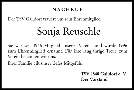 Traueranzeige von Sonja Reuschle von Rundschau Gaildorf