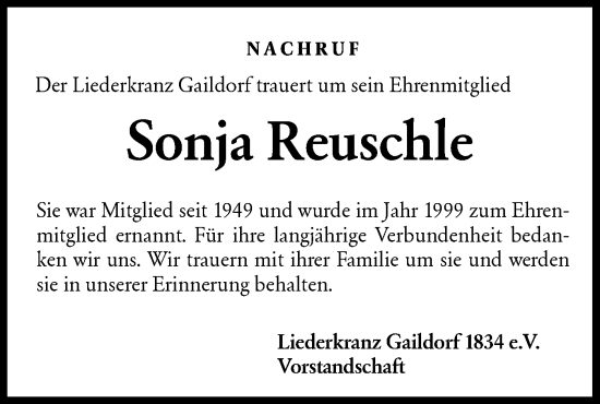 Traueranzeige von Sonja Reuschle von Rundschau Gaildorf