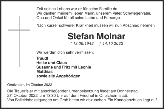 Traueranzeige von Stefan Molnar von Hohenloher Tagblatt