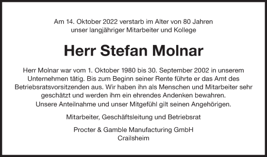 Traueranzeige von Stefan Molnar von Hohenloher Tagblatt