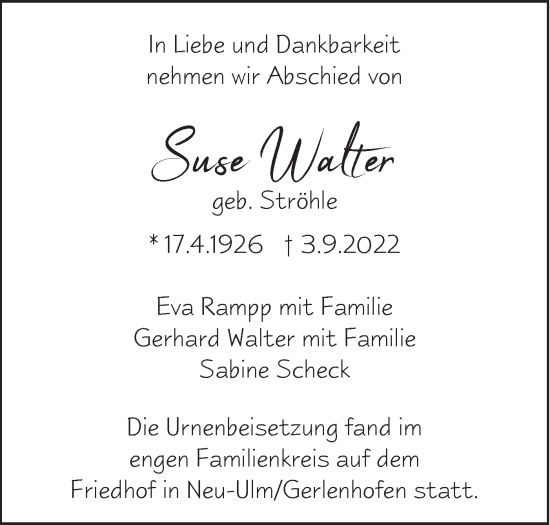 Traueranzeige von Suse Walter von SÜDWEST PRESSE Ausgabe Ulm/Neu-Ulm