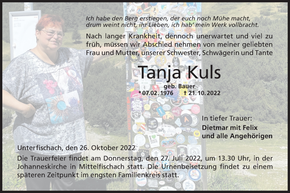  Traueranzeige für Tanja Kuls vom 26.10.2022 aus Haller Tagblatt