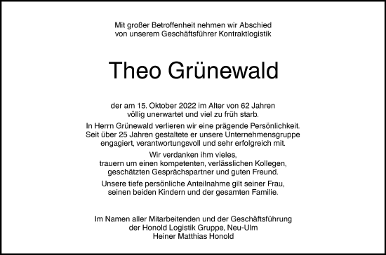 Traueranzeige von Theo Grünewald von SÜDWEST PRESSE Ausgabe Ulm/Neu-Ulm