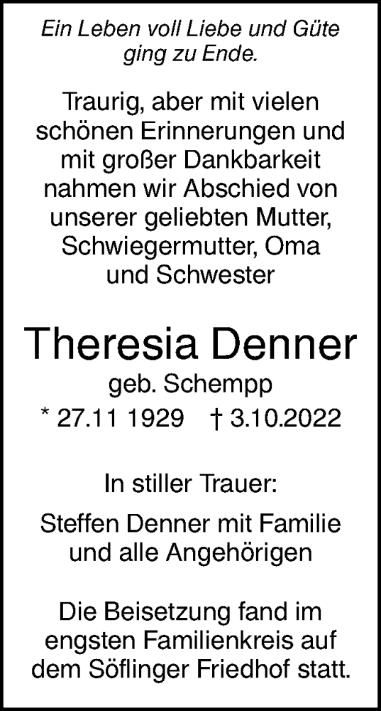 Traueranzeige von Theresia Denner von SÜDWEST PRESSE Ausgabe Ulm/Neu-Ulm