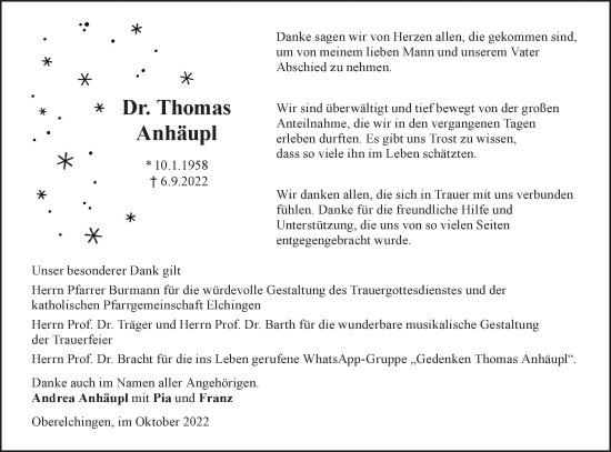 Traueranzeige von Thomas Anhäupl von SÜDWEST PRESSE Ausgabe Ulm/Neu-Ulm