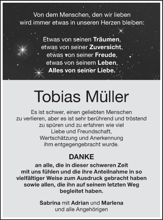 Traueranzeige von Tobias Müller von Alb-Bote/Metzinger-Uracher Volksblatt